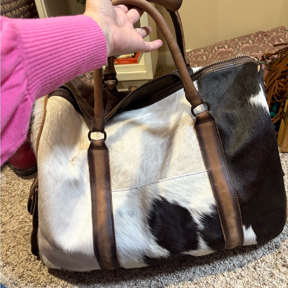 STS Ranchwear Black and White Cowhide Travel Tote with Brown Leather Trim